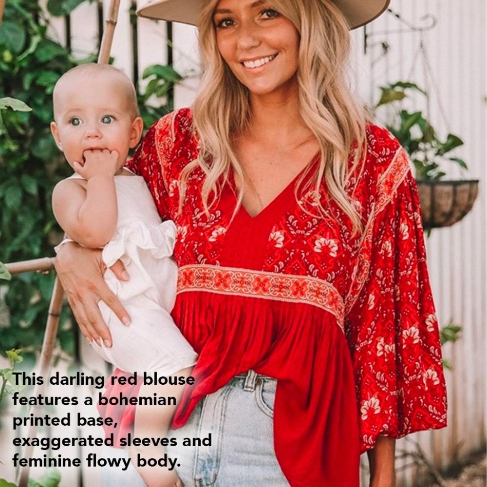 Boho Red Long Sleeve Blouse, Small